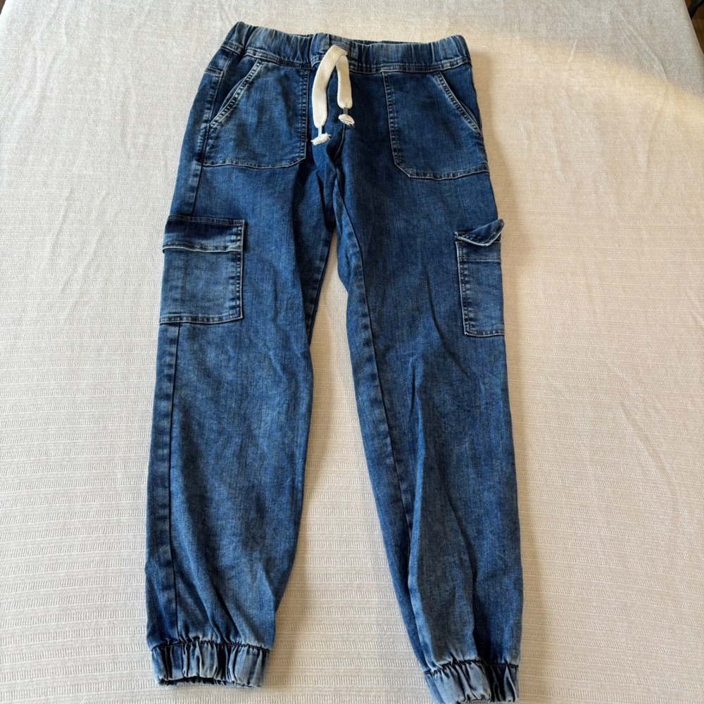 Bevy Flog Denim Cargo Joggers Medium Wash Drawstring Pants 28 Made in Israel